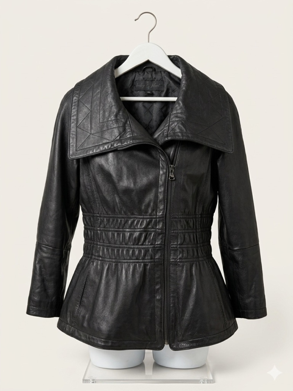 Vintage Baby Phat Black Butter Soft Quilted-Collar Leather Jacket Peplum L‎